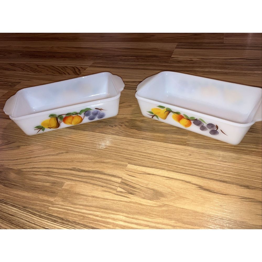 2 Fire King 1Qt Casserole‎ Milk Glass Fruit Painted Anchor Hocking 409